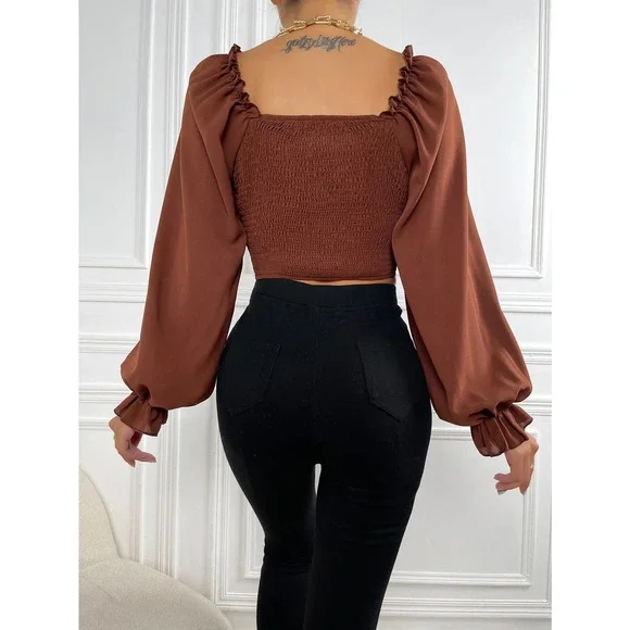 Frill Trim Bell long Sleeve Ruched Bust Milkmaid crop top boho brown - Picture 6 of 11